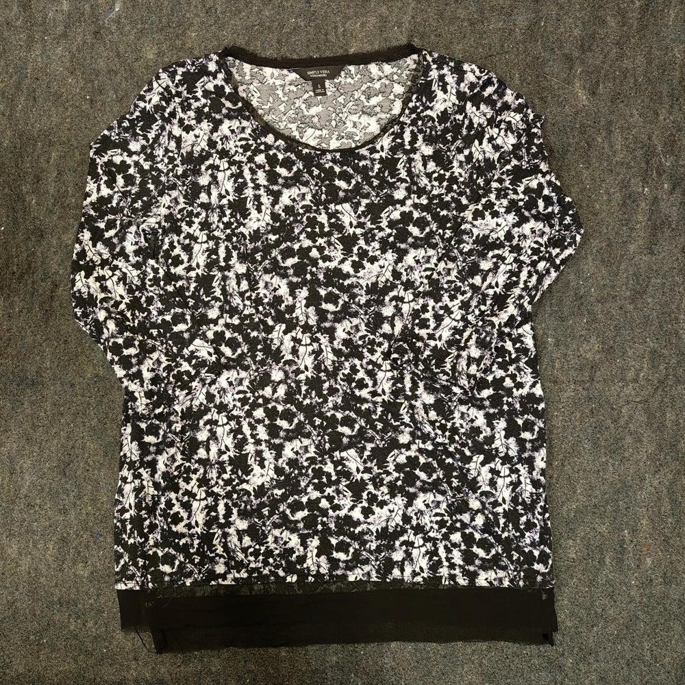 Simply Vera Vera Wang Black White Floral Print Top Long Sleeve Sheer Trim Small